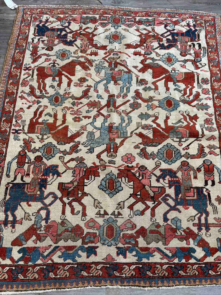 Extremely Rare Antique Persian Bakshayesh Unique Hunting Scene 4'8" x 5’11”