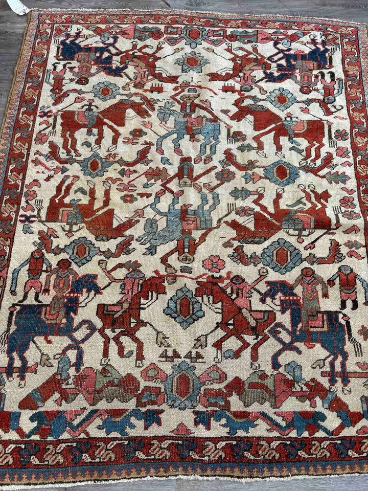 Extremely Rare Antique  Bakshayesh Unique Hunting Scene 4'8" x 5’11”